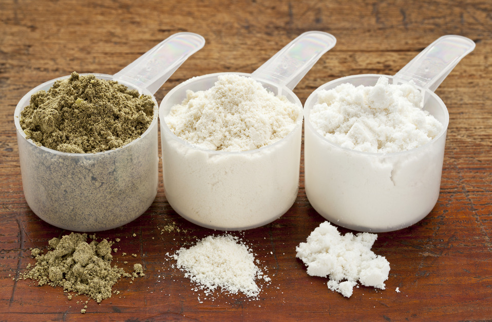 Hemp and whey protein powders.