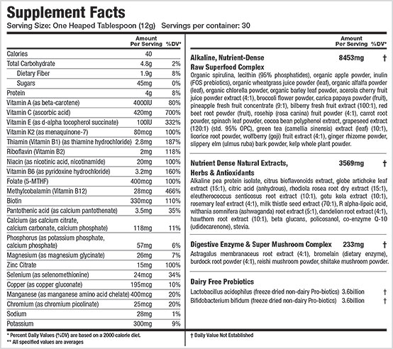 athletic greens supplement facts