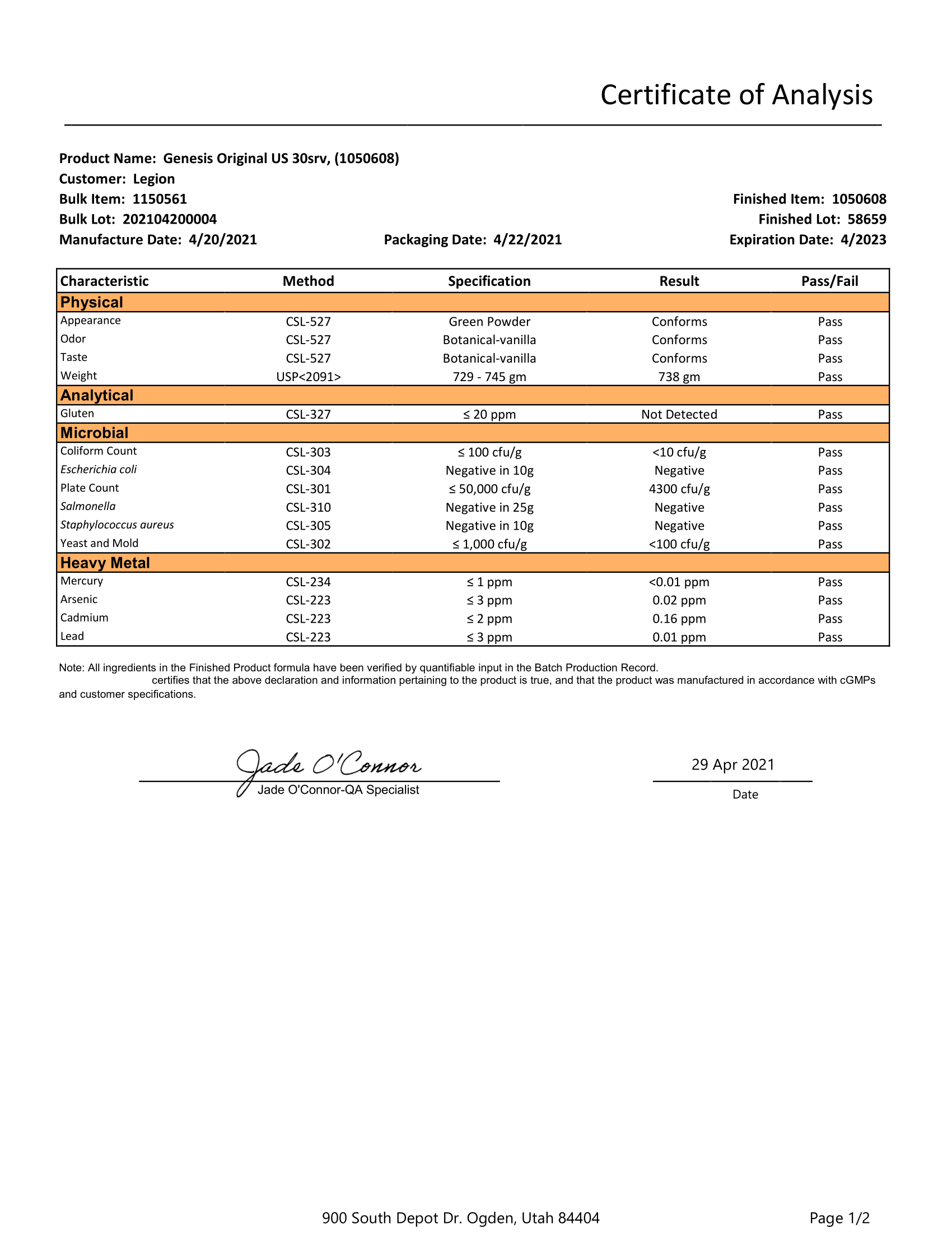 Genesis Lab Test Certificate