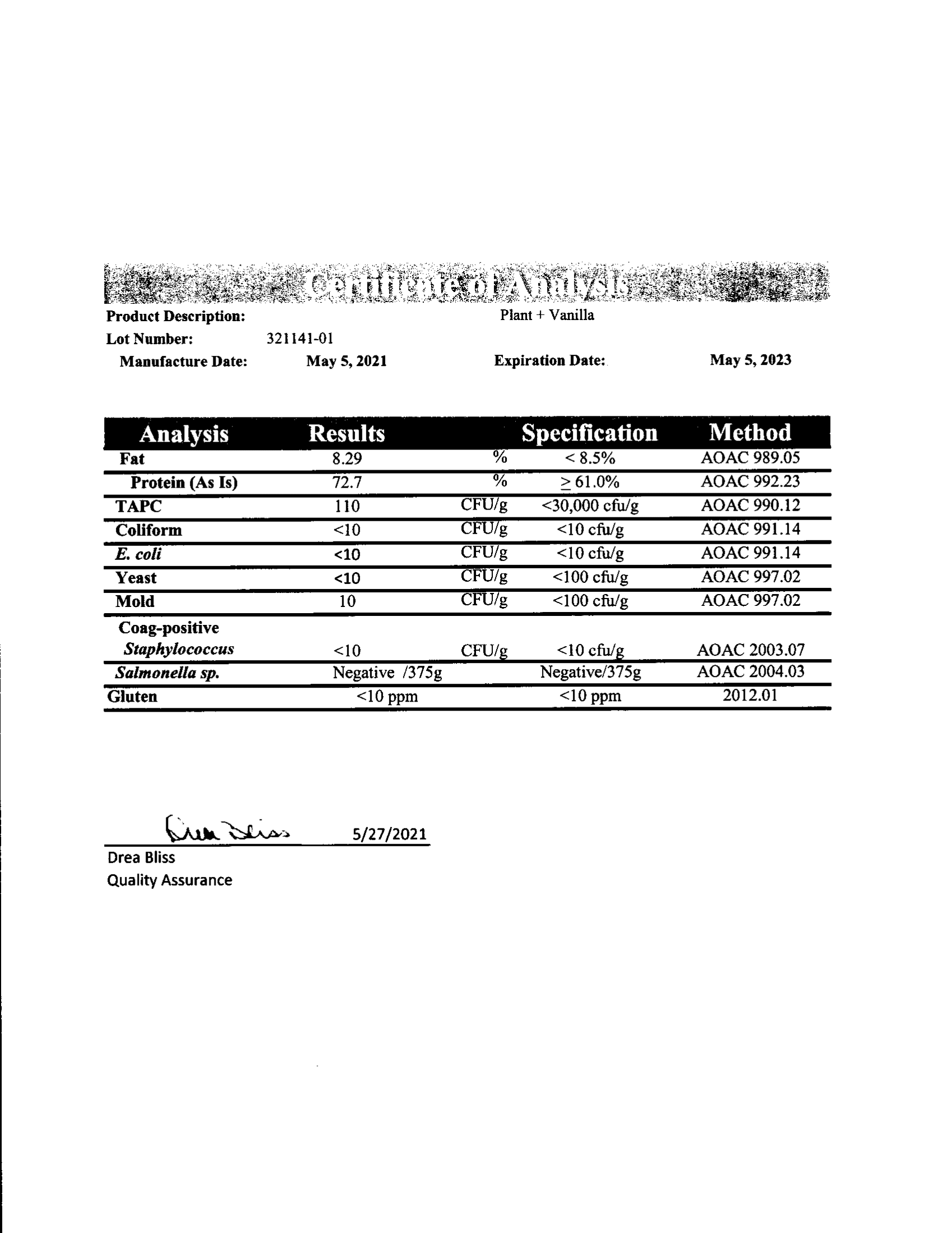 Plant+ Lab Test Certificate of Analysis