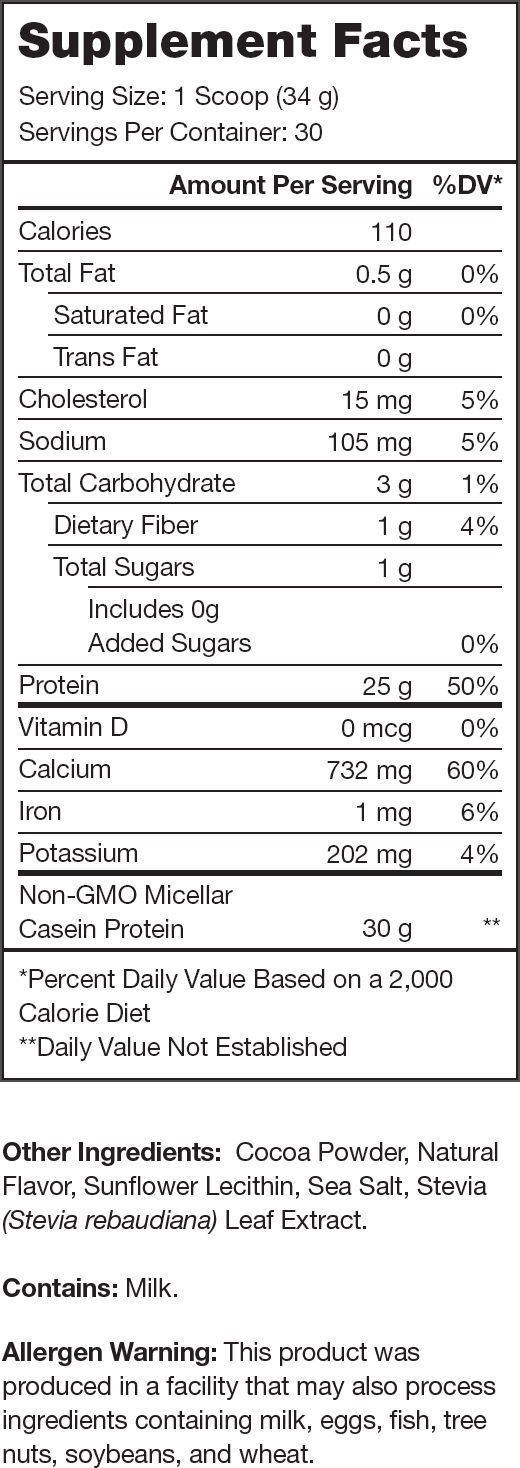 Casein+ Milk Chocolate Supplement Facts