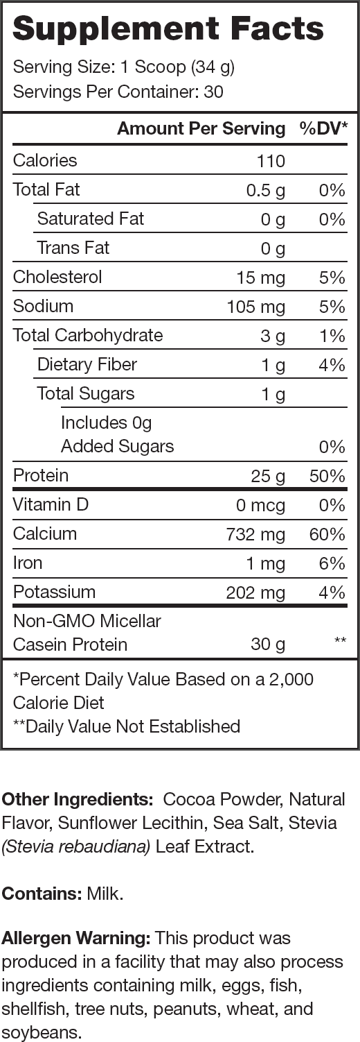 Casein+ Milk Chocolate Supplement Facts