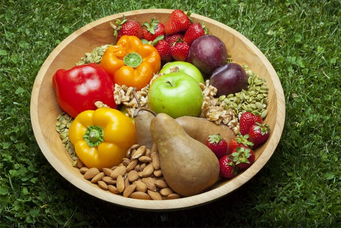 bowl fruit nuts vegetables