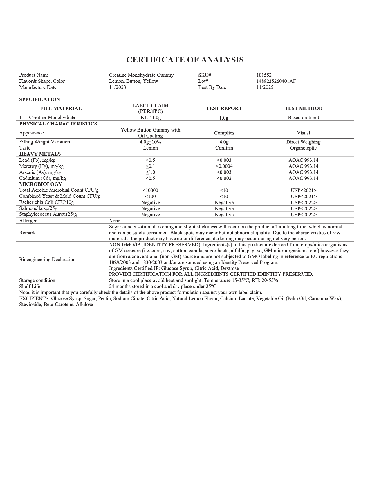 Creatine Gummies Certificate of Analysis