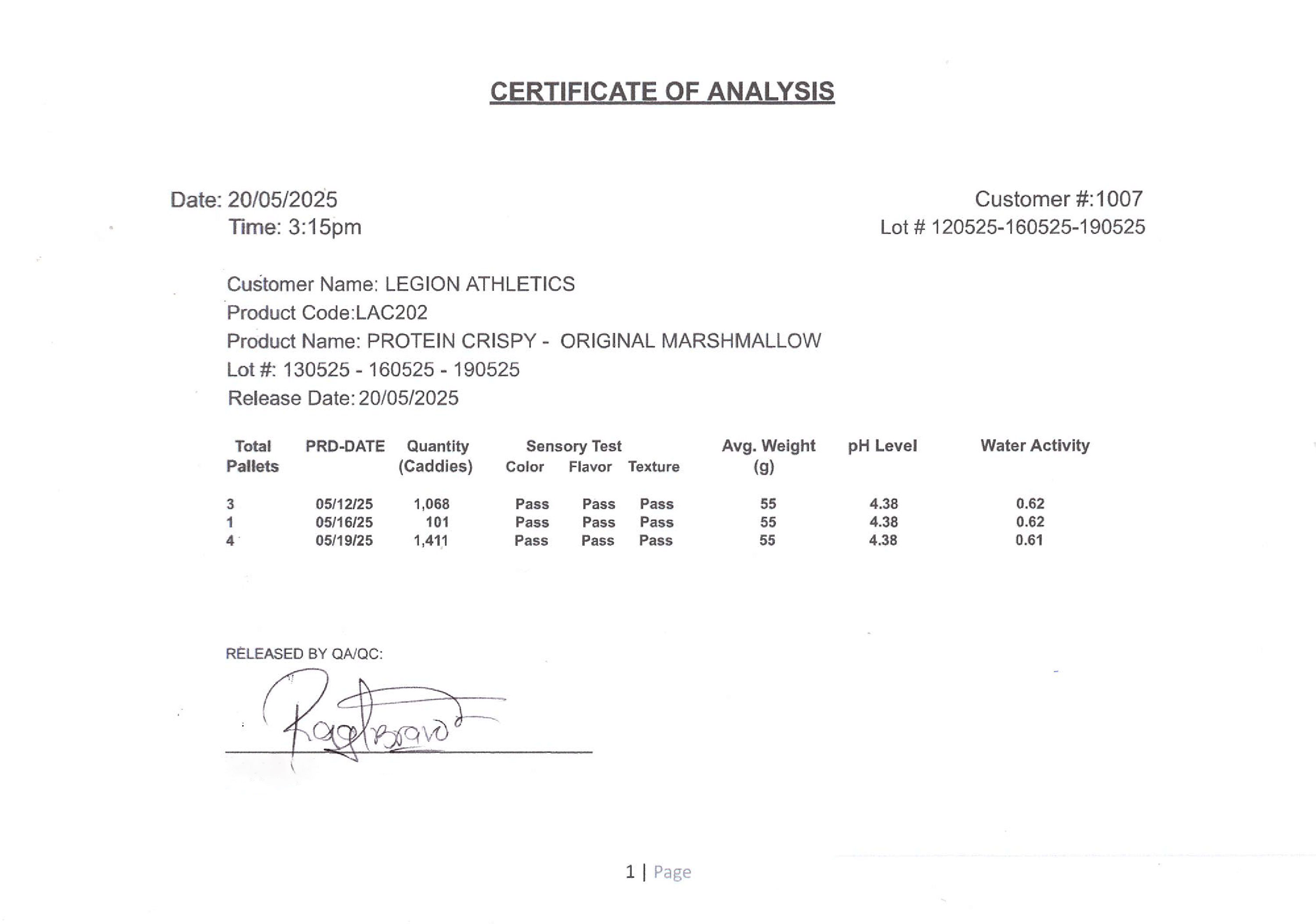 Legion Protein Crispy Treats Lab Test Certificate