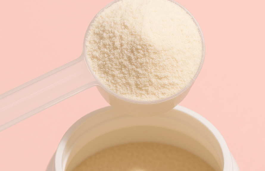 Tub of collagen protein powder with scoop.