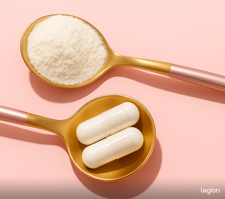 Spoons with collagen protein powder and collagen pills.