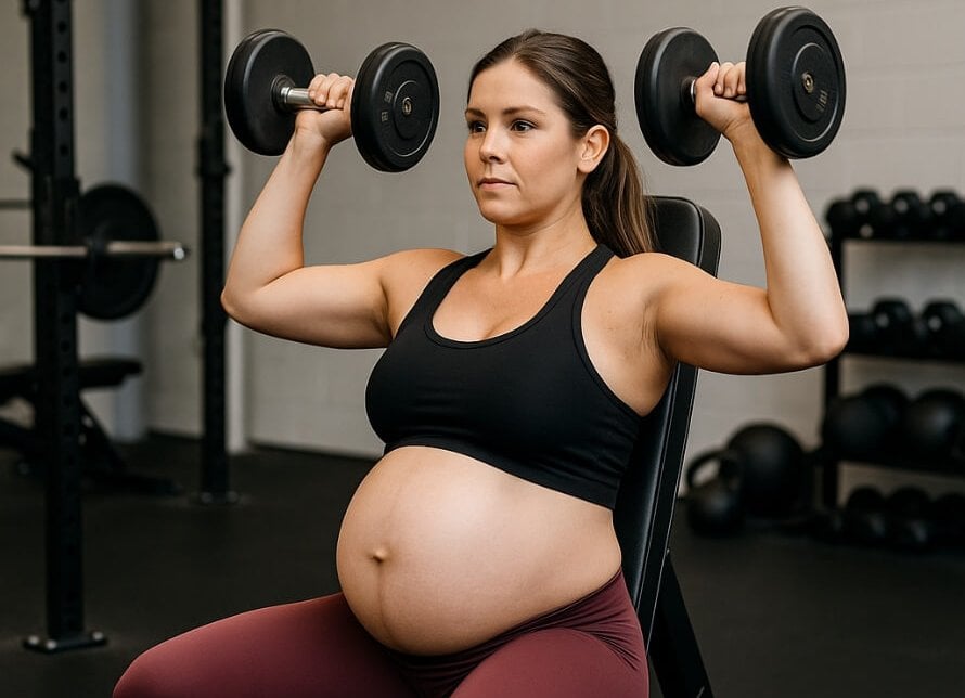 Pregnant woman in the gym showing you how much you can lift while pregnant
