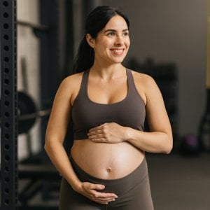 Pregnant woman in the gym who understands the benefits of lifting weights while pregnant.