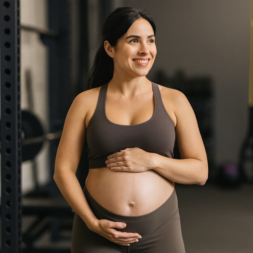 Pregnant woman in the gym who understands the benefits of lifting weights while pregnant.