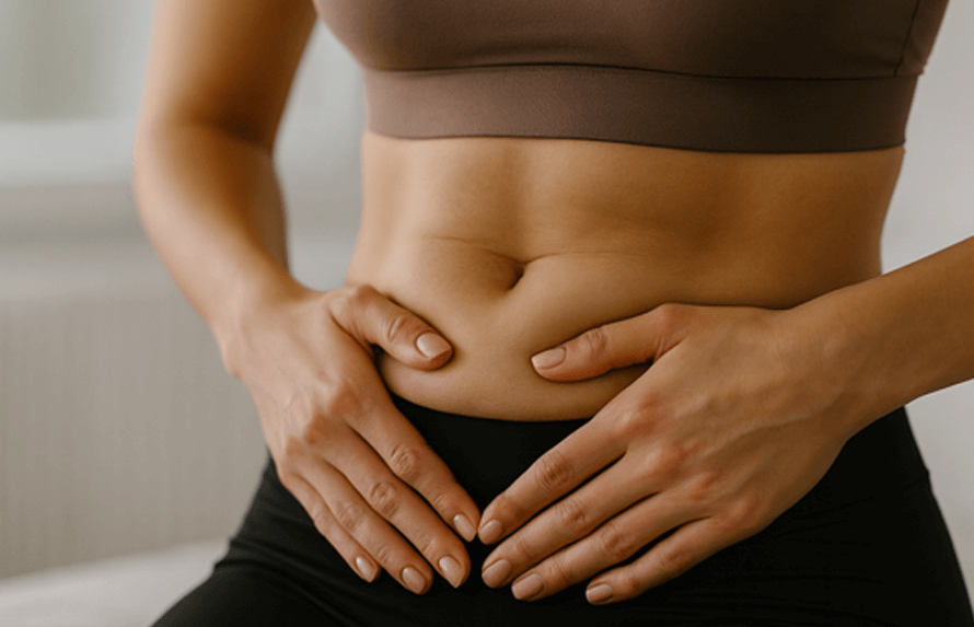 Female in gym attire worried about how to get rid of FUPA.
