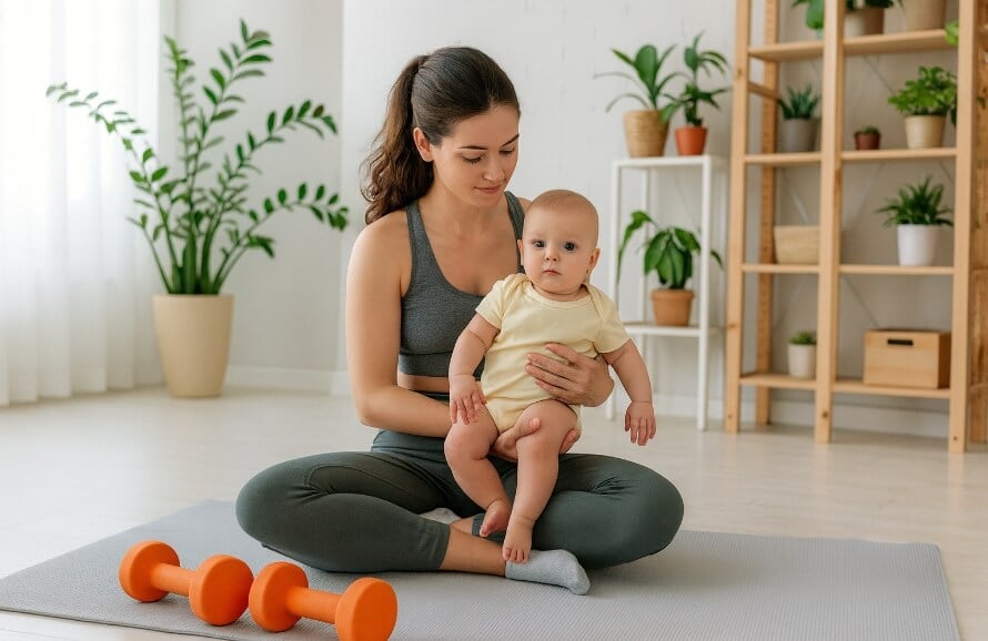 Mother doing diastasis recti exercises to help heal her abs after giving birth.