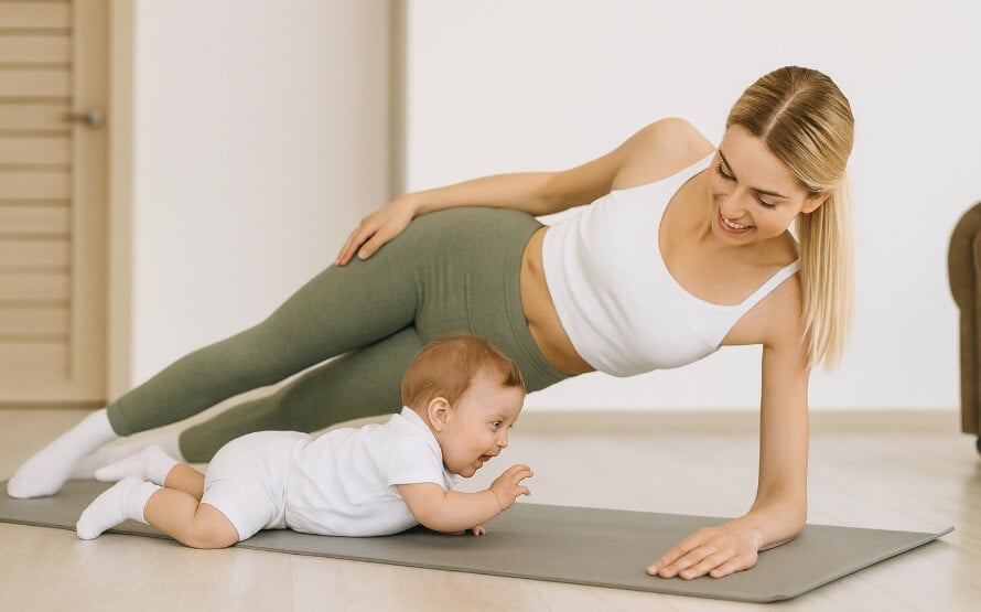 New mother doing diastasis recti exercises for beginners: gentle postpartum core training to fix ab separation safely.
