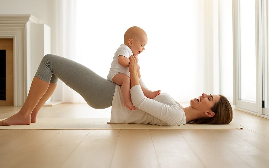 Postpartum mom doing diastasis recti exercises to rebuild core strength.