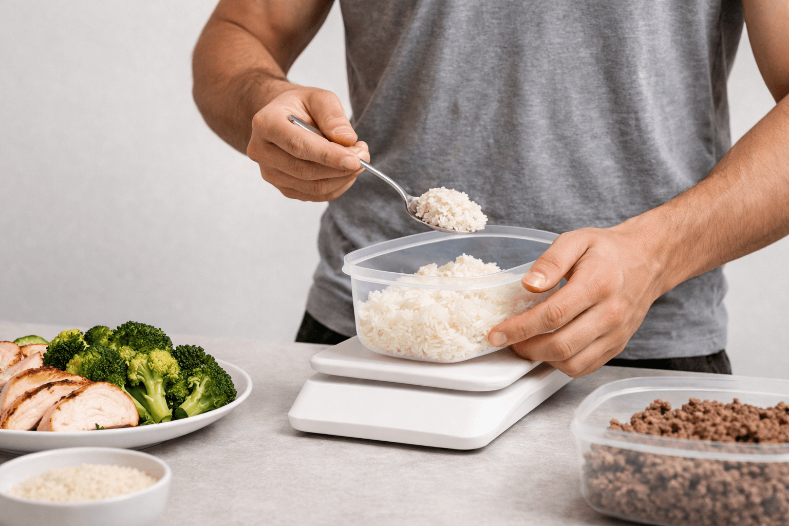 Athletic male who has decided when to bulk and when to cut. He is weighing food and putting it in containers to meet his new body composition goal.