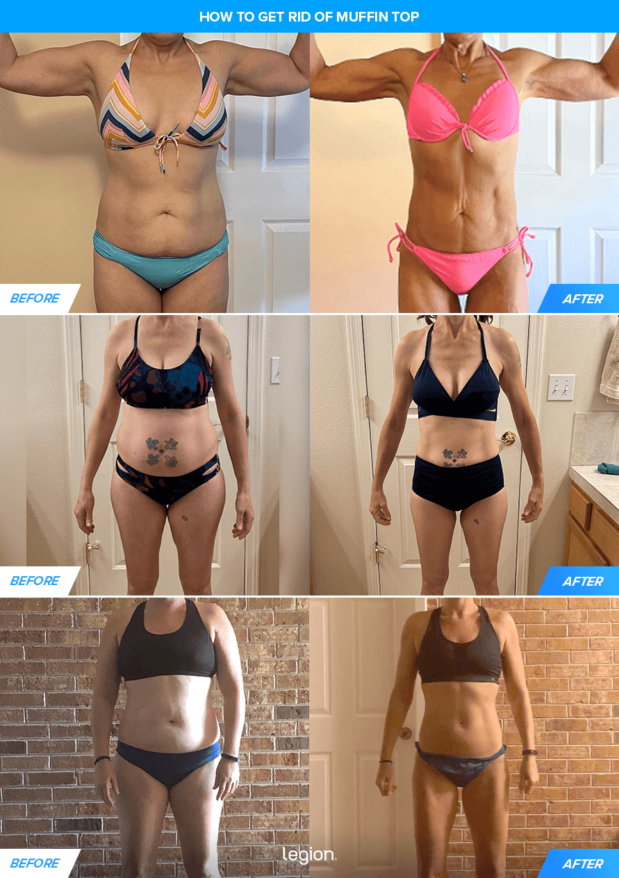 Collage of people who got rid of muffin top using compound strength training and calorie-controlled dieting with Legion's Body Transformation Coaching Service.