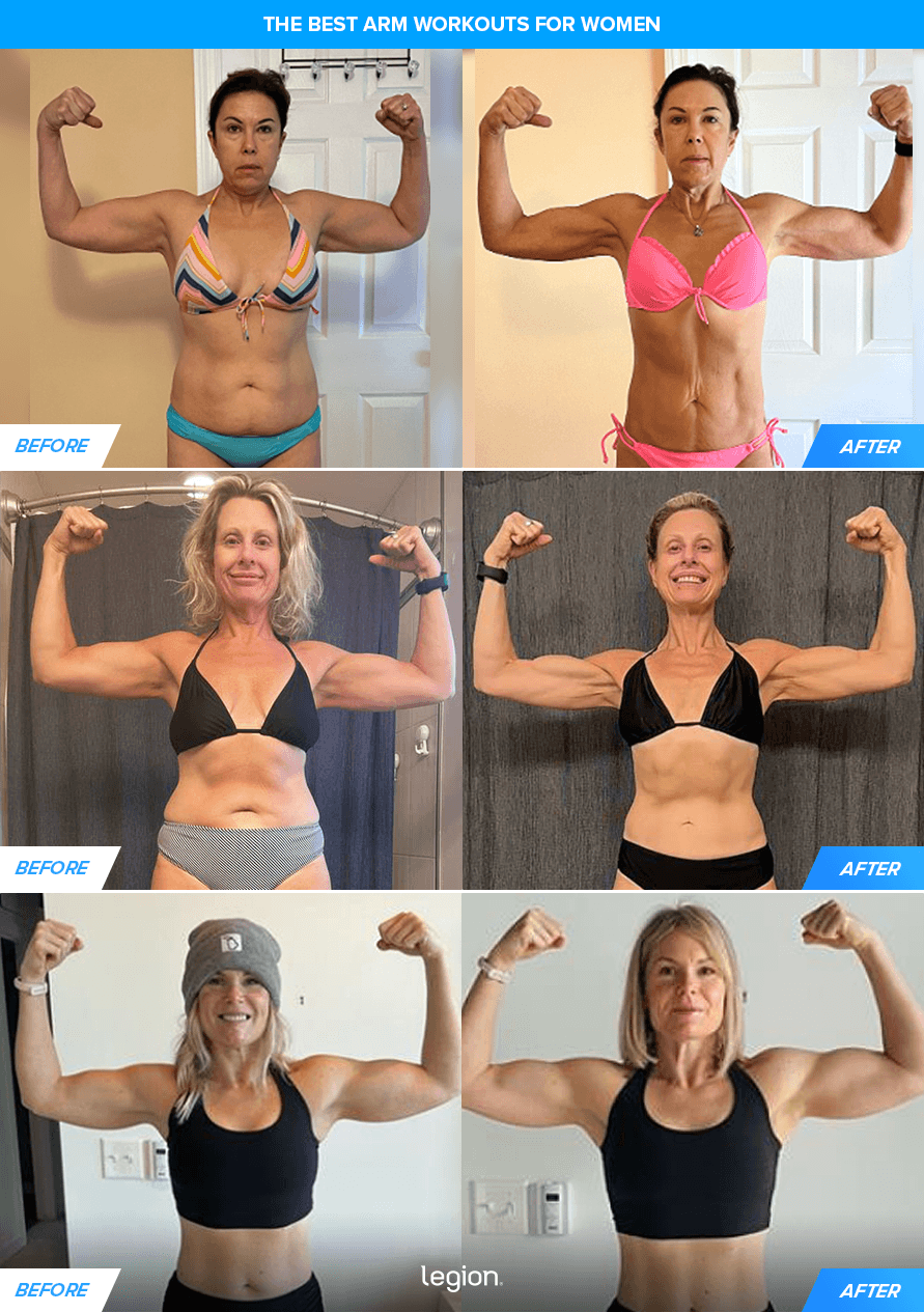 Female athlete in the gym doing biceps curls during an arm day workout for women.