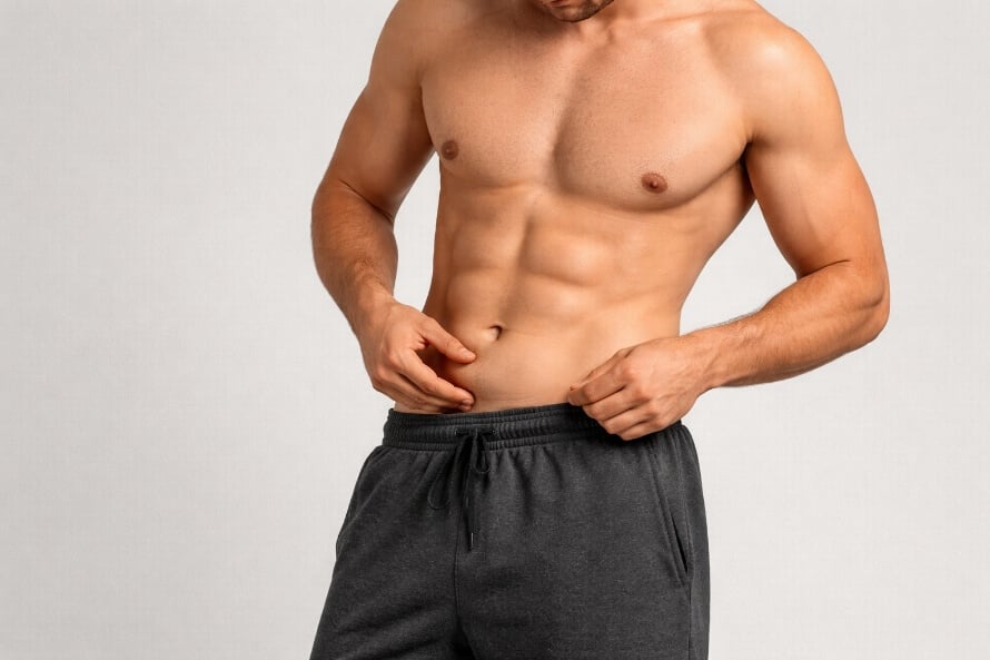 Althetic male in sweatpants pinching the fat above his waistband and trying to decide the benefits of bulking vs cutting.