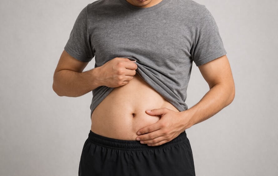 Skinny fat man looking at his belly and wondering if he should bulk or cut.