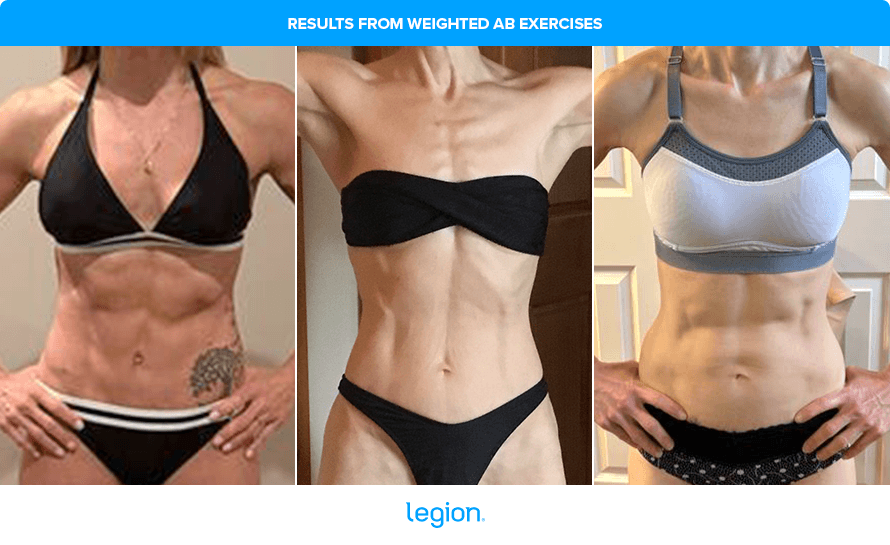 Collage of three women showing defined midsections after training with weighted ab exercises.