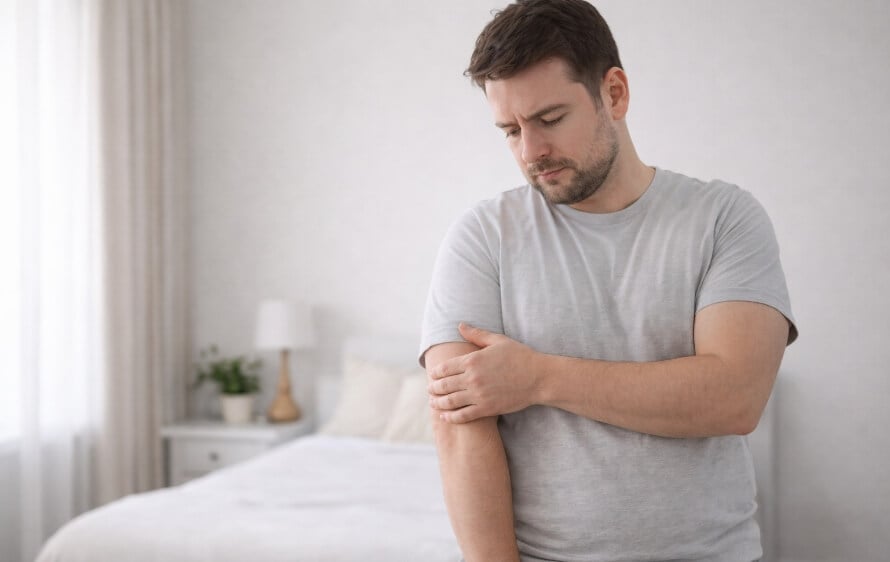 Man touching his biceps wondering whether the GLP-1 he is taking is causing muscle loss.