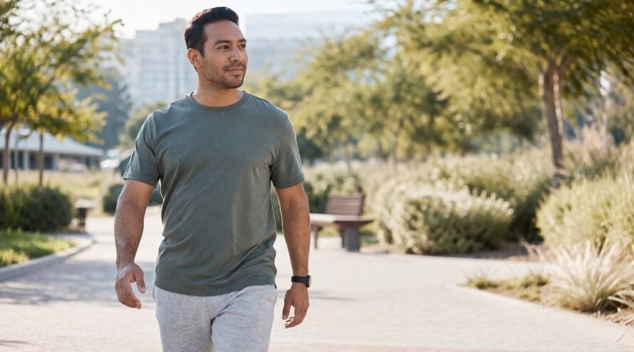 Man walking in the sunshine, illustrating his better health, strength, anf physical function since taking a GLP-1 drug.