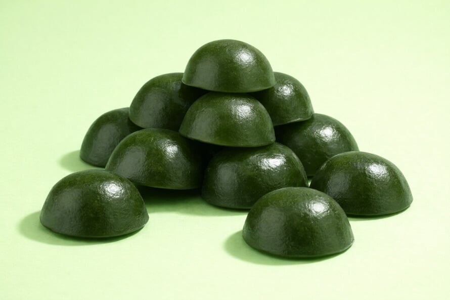 Pile of dark greens gummies against a light green background. 