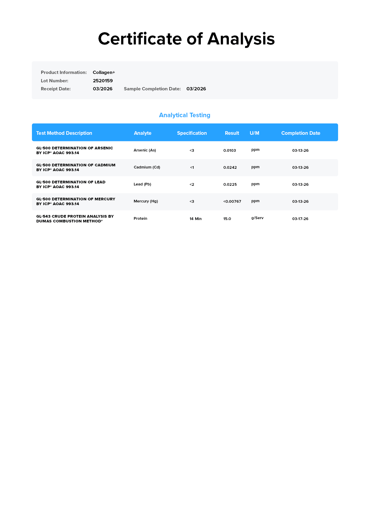 Collagen+ Lab Test Certificate Page 1