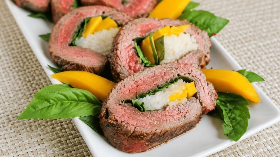 Grilled Steak Stuffed with Mango, Basil & Sticky Rice