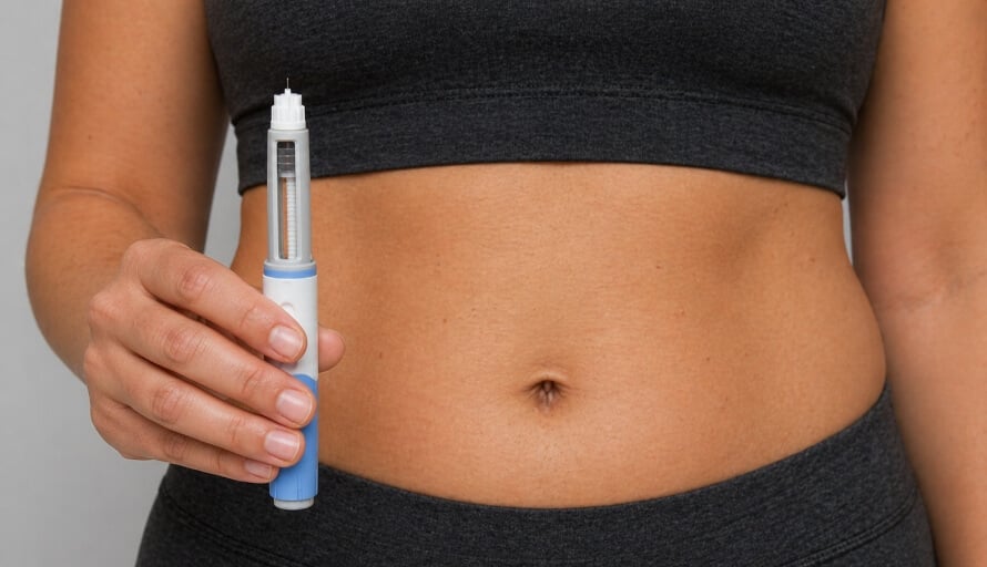 Female holding a syringe containing a weight-loss drug.