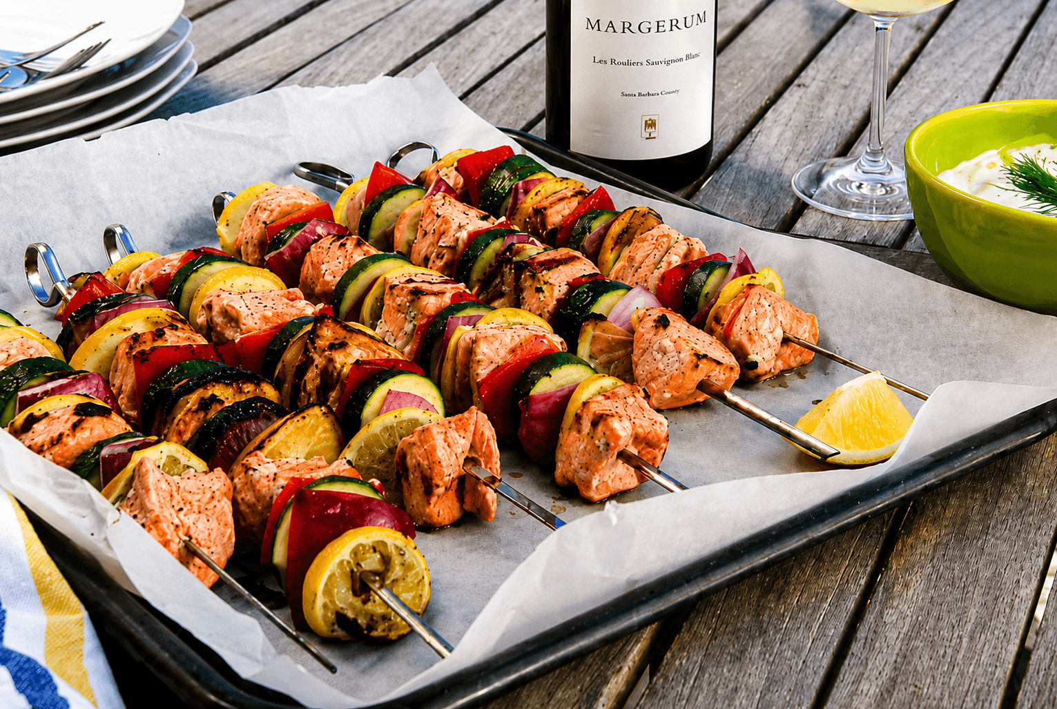 Grilled Salmon Kebabs with Dill Yogurt Sauce