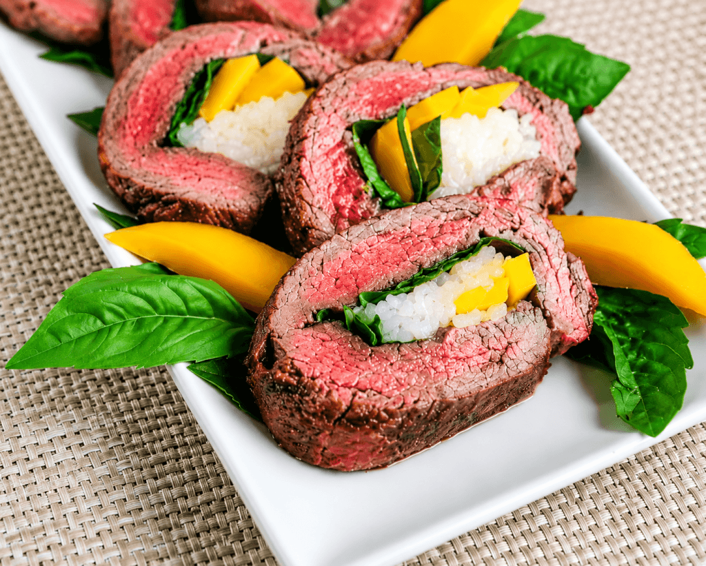 Grilled Steak Stuffed with Mango, Basil & Sticky Rice