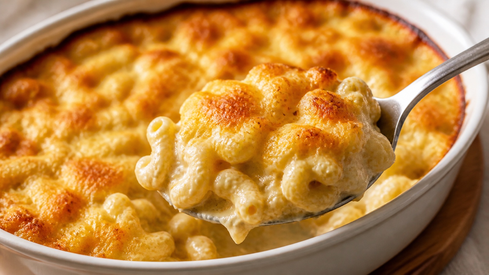 Extreme close baked mac and cheese with a browned top and creamy sauce