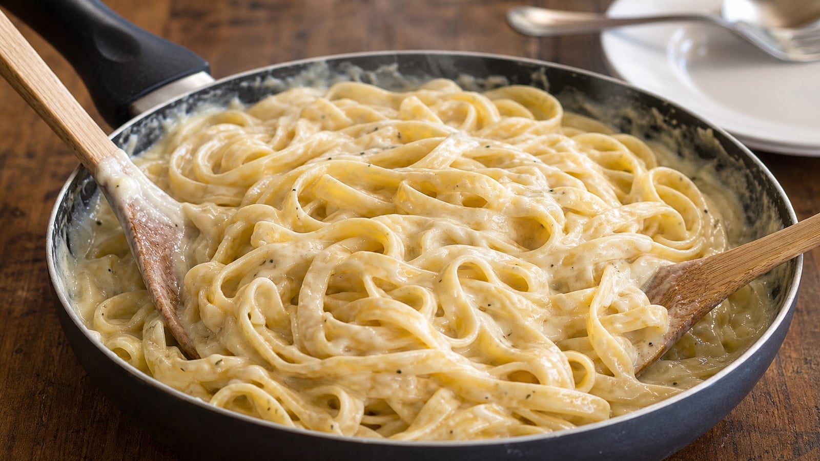 Cottage cheese Alfredo sauce coating fettuccine in a skillet