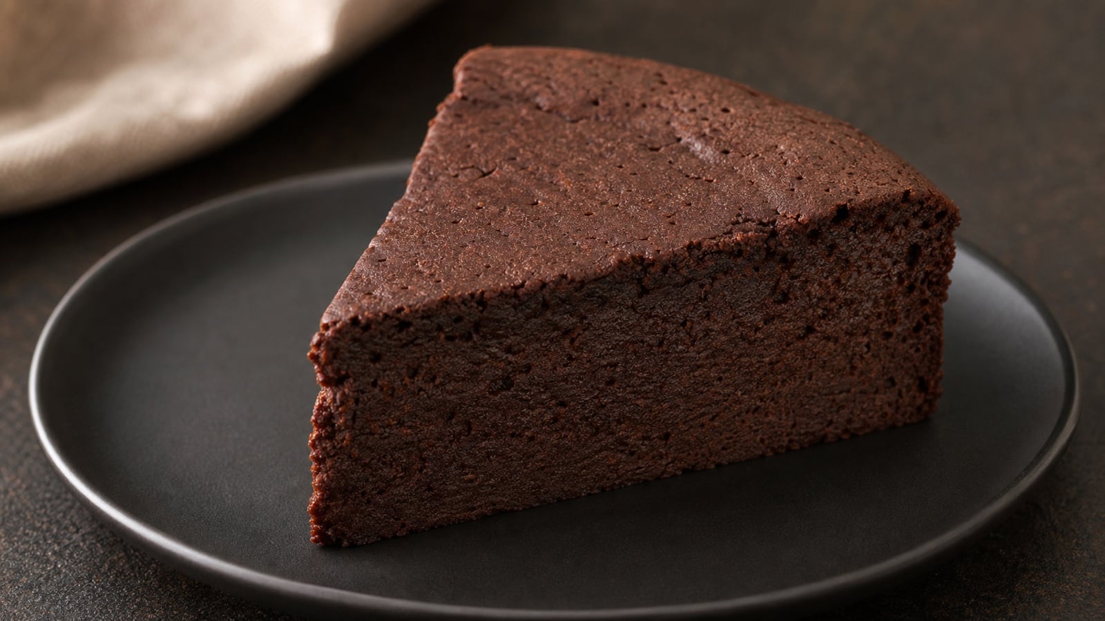 A close slice of dark cottage cheese chocolate cake showing its fudgy crumb
