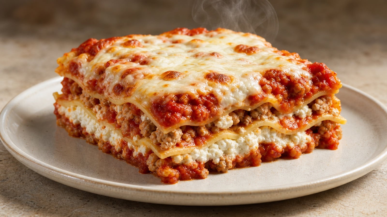 Close slice of cottage cheese lasagna showing noodles, meat sauce, cottage cheese, and mozzarella