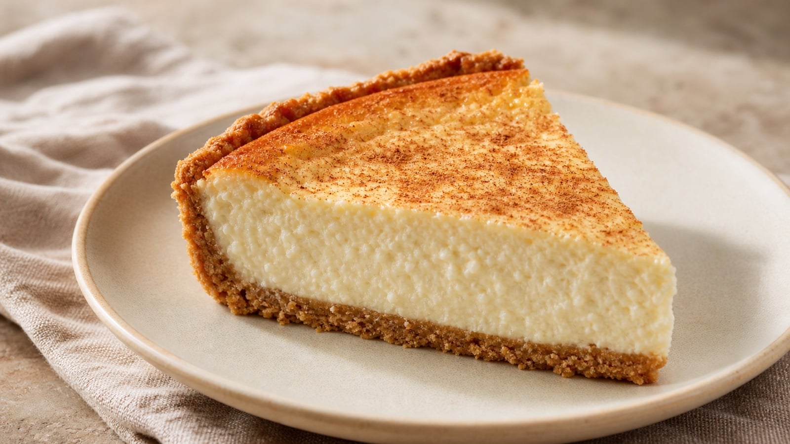 Close slice of cottage cheese pie showing its creamy filling and graham-cracker crust