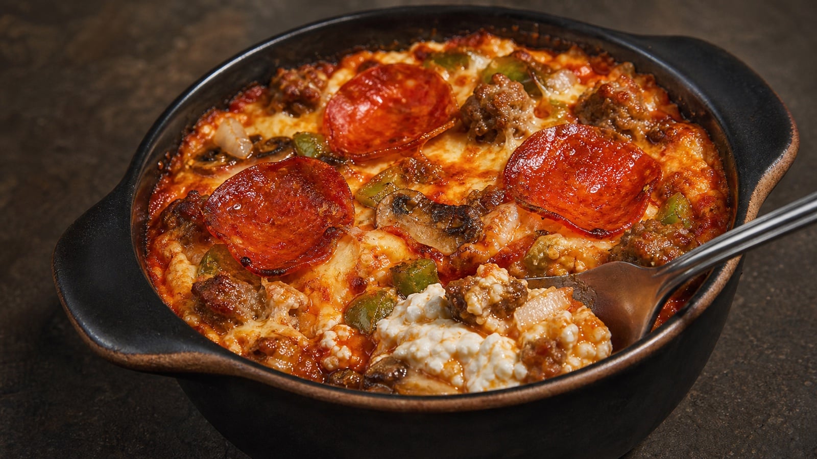 Close cottage cheese pizza bowl with sauce, sausage, vegetables, pepperoni, and browned cheese