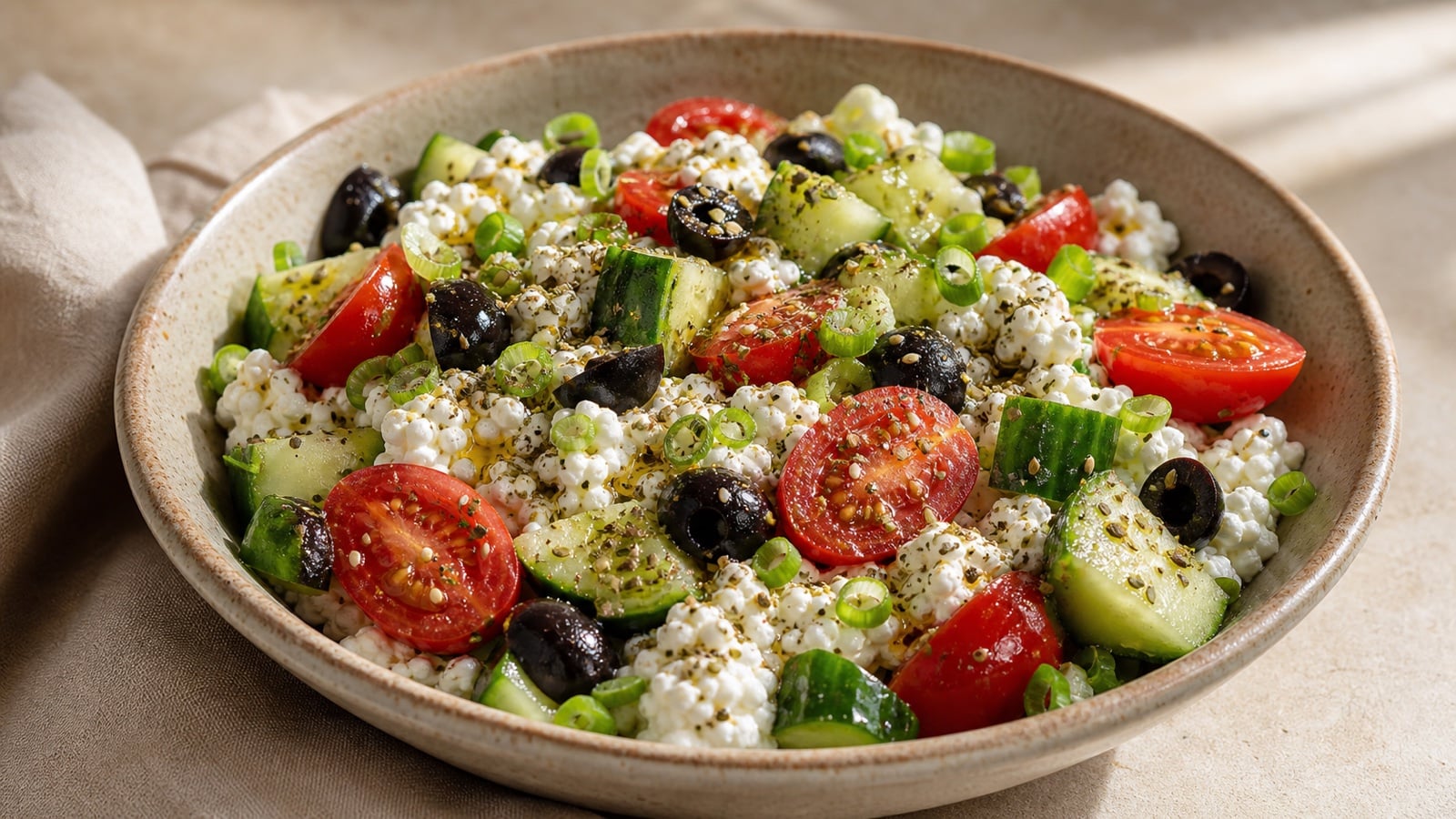 Close cottage cheese salad with cucumber, tomato, olives, scallions, and za’atar