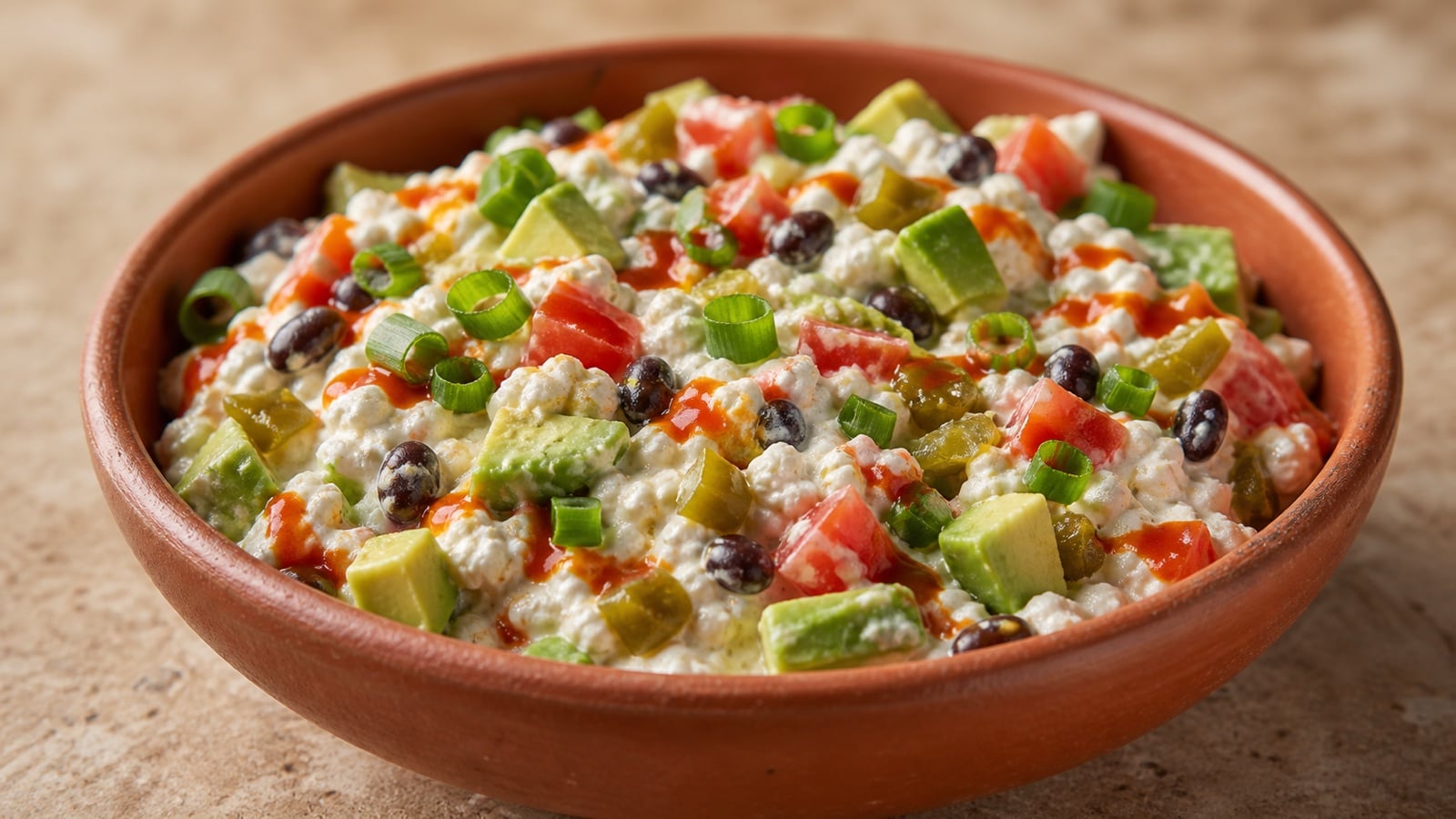 Close cottage cheese taco dip with black beans, avocado, tomato, scallions, green chiles, and hot sauce