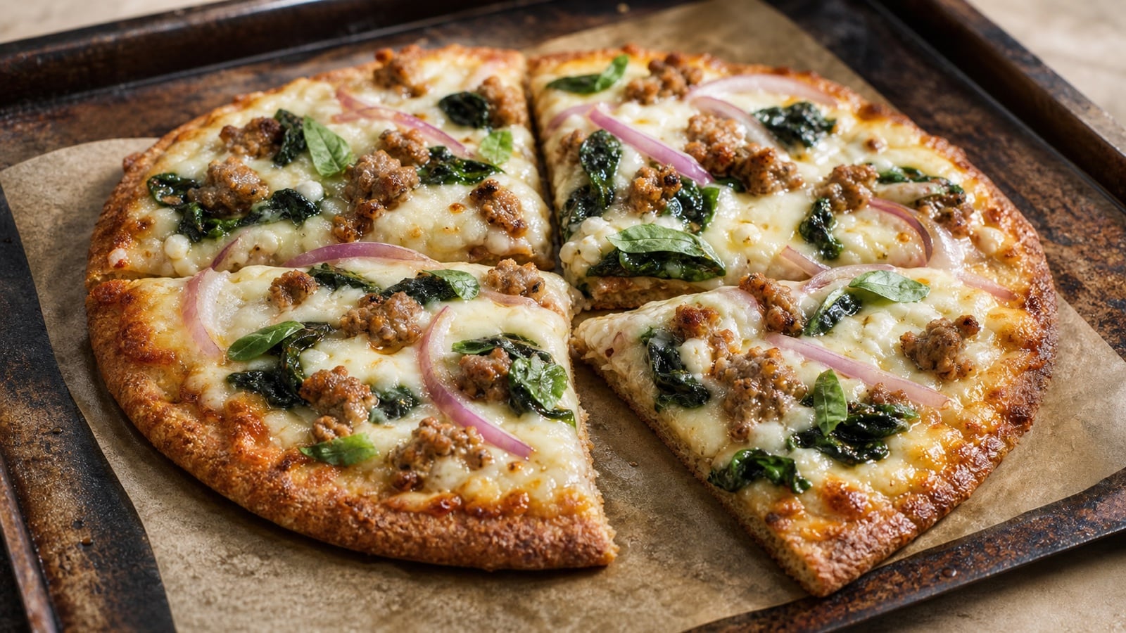 Close whole-wheat pita pizza with cottage cheese, turkey sausage, spinach, mozzarella, red onion, and basil