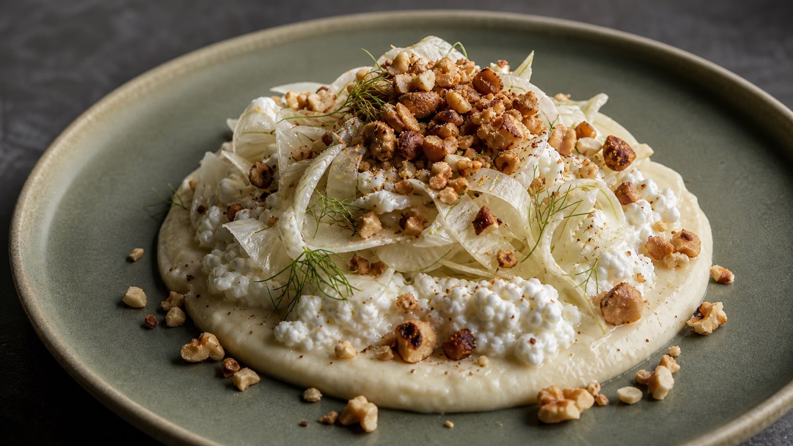 Close fennel salad with cottage cheese, fennel puree, shaved fennel, and spiced nuts