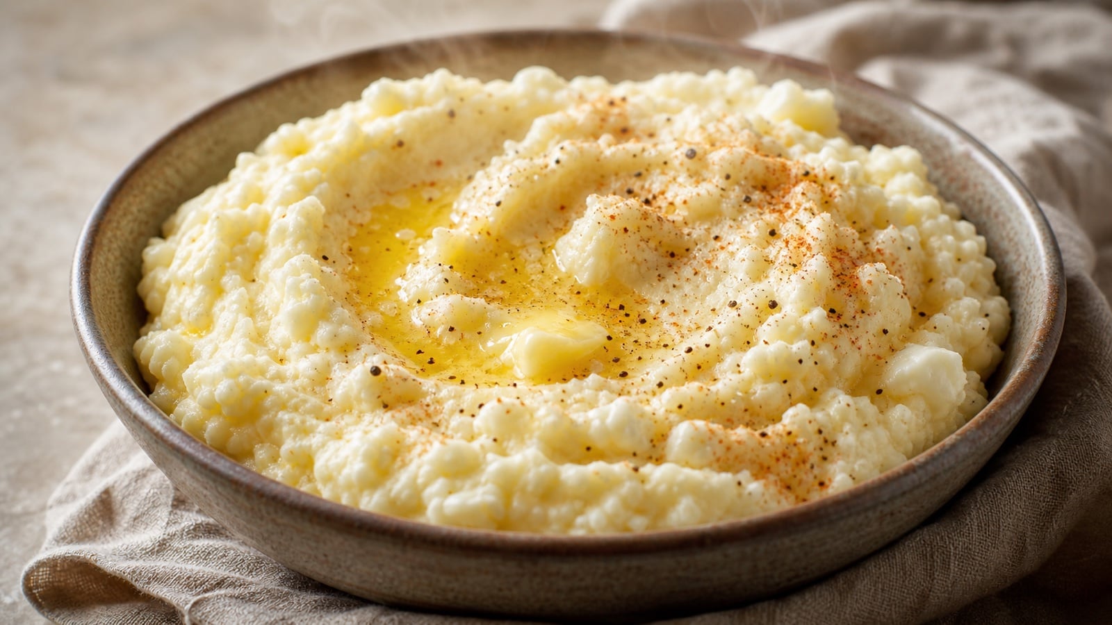 Close bowl of cottage cheese mashed potatoes with butter, black pepper, and paprika