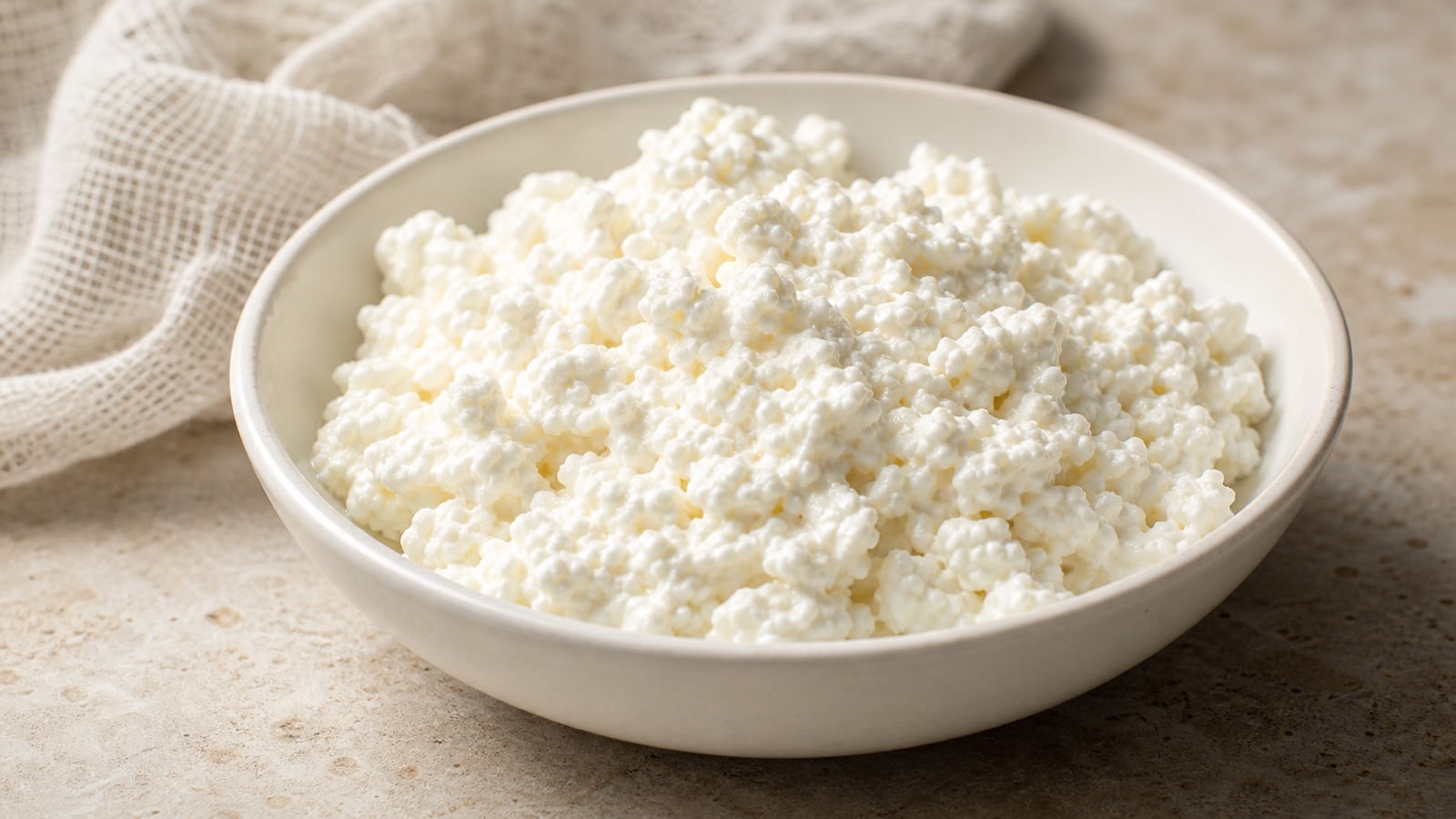 Close bowl of fresh homemade cottage cheese showing its soft curds