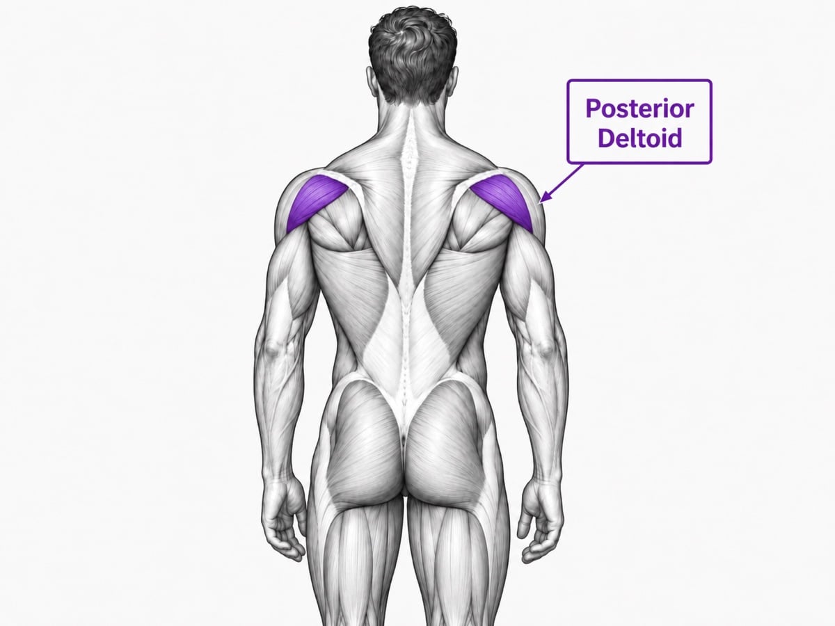 Anatomical illustration of the back with the posterior deltoid highlighted