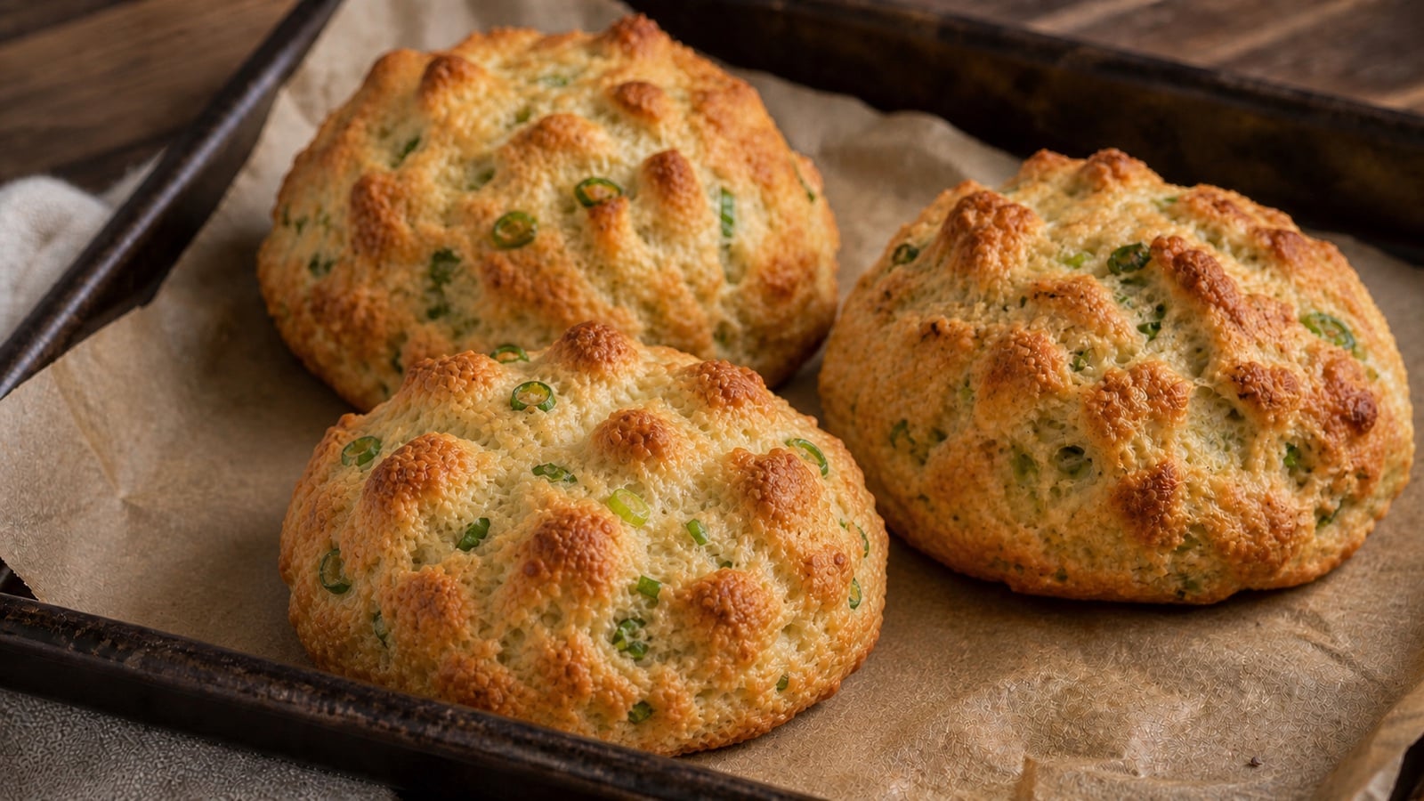 Close whole savory scallion and cottage cheese scones showing their browned exteriors