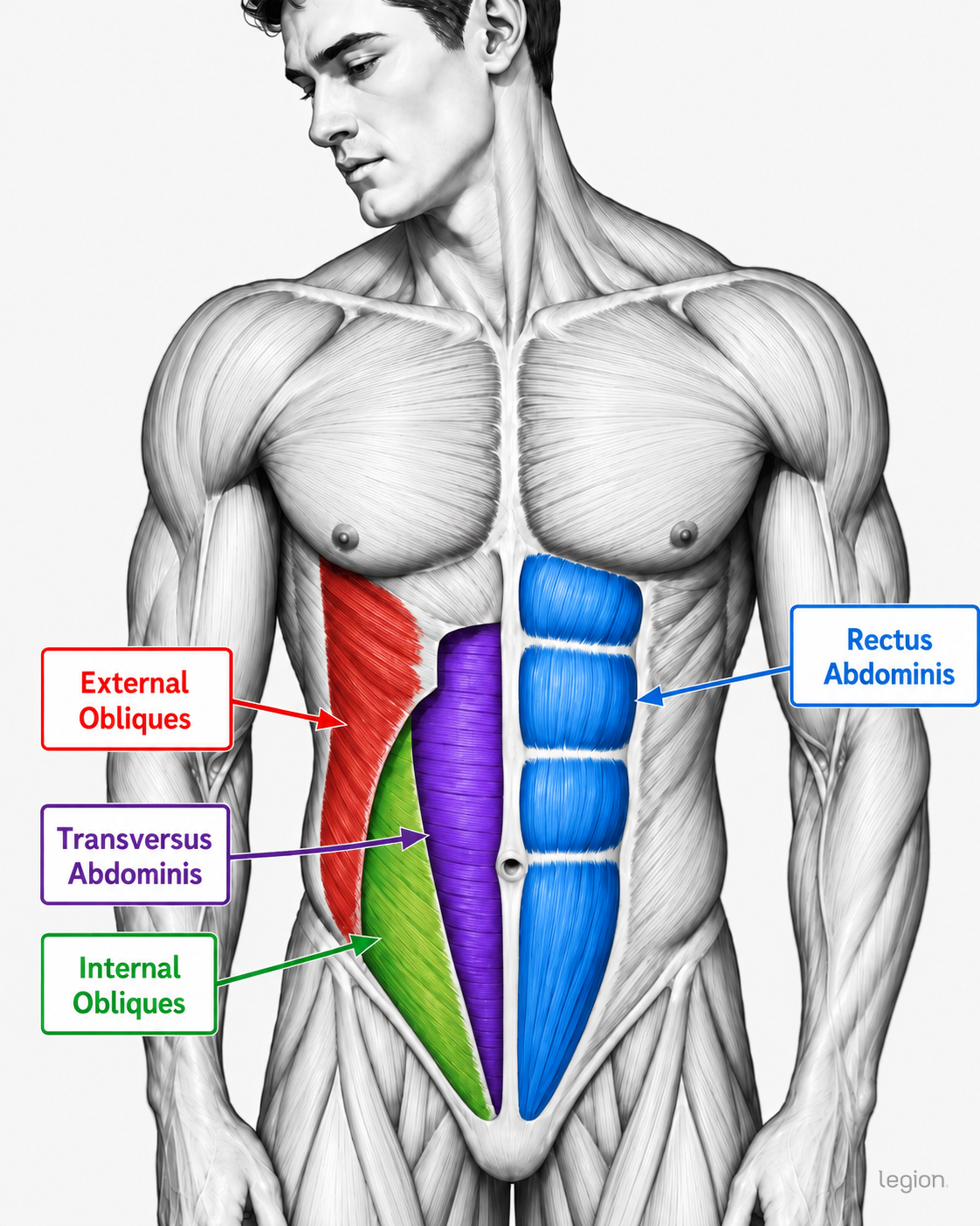 Anatomy illustration of the abdominal muscles: rectus abdominis, external obliques, internal obliques, and transversus abdominis