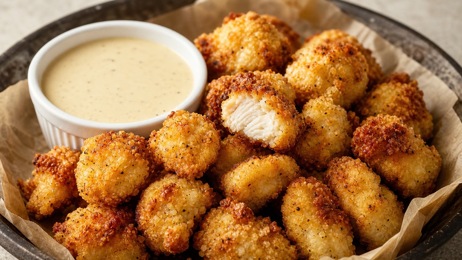 Cheesy ranch popcorn chicken with maple Dijon dipping sauce