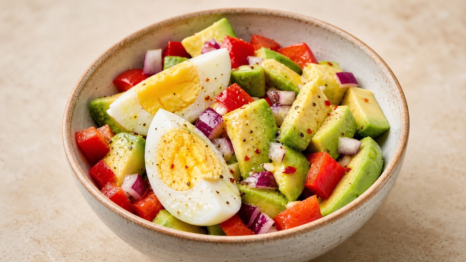 Hard-boiled egg and avocado bowl with red pepper and onion