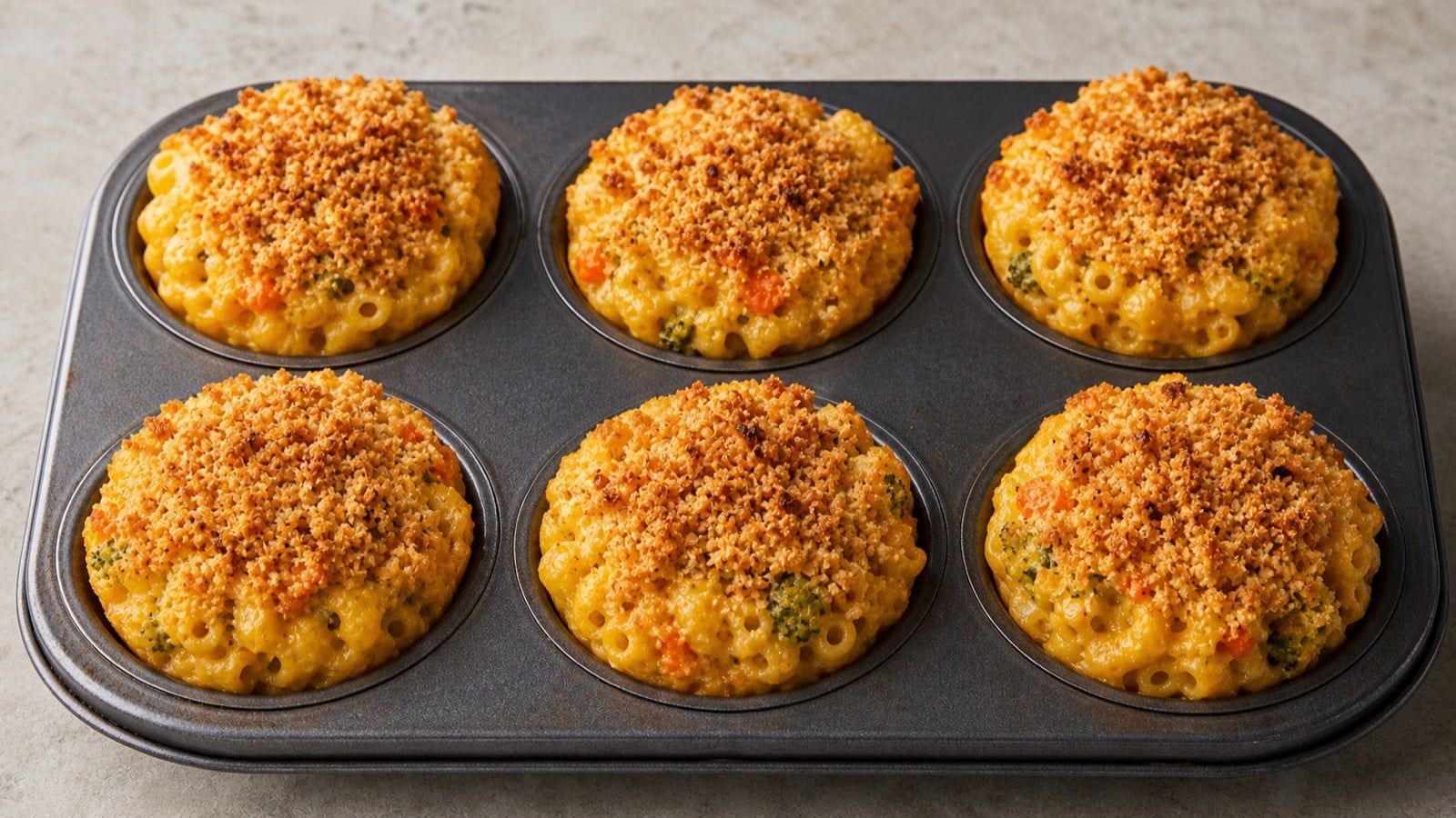 Whole-wheat mac and cheese muffins with vegetables and crisp crumbs